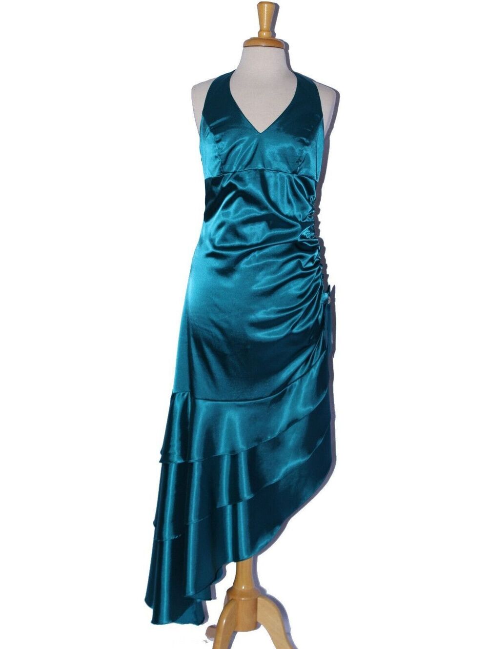 Poly USA 2718 Asymmetrical Satin Evening Dress With Side Ruching-Size L-TEAL-NWT